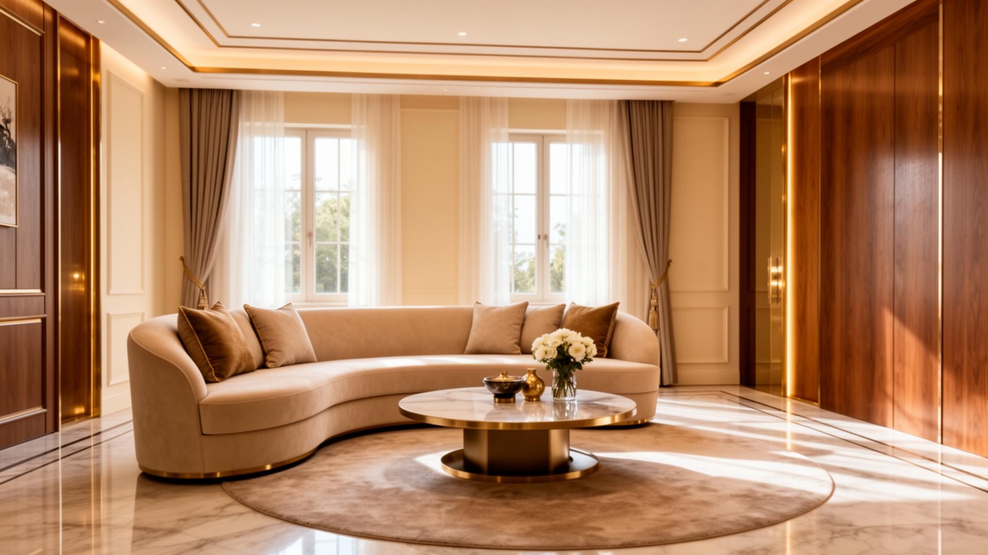 Luxurious living room with curved sofa and gold accents